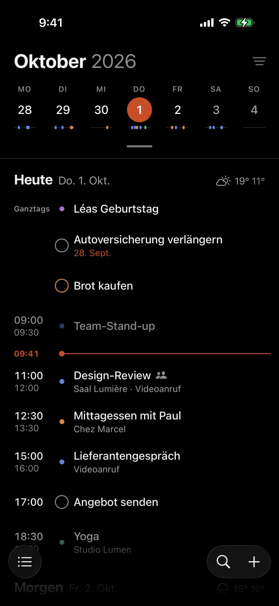 Die Agenda am Donnerstag, 1. Oktober: ein Geburtstag, zwei Aufgaben, dann die Ereignisse des Tages unter der Linie der aktuellen Stunde, 9:41.