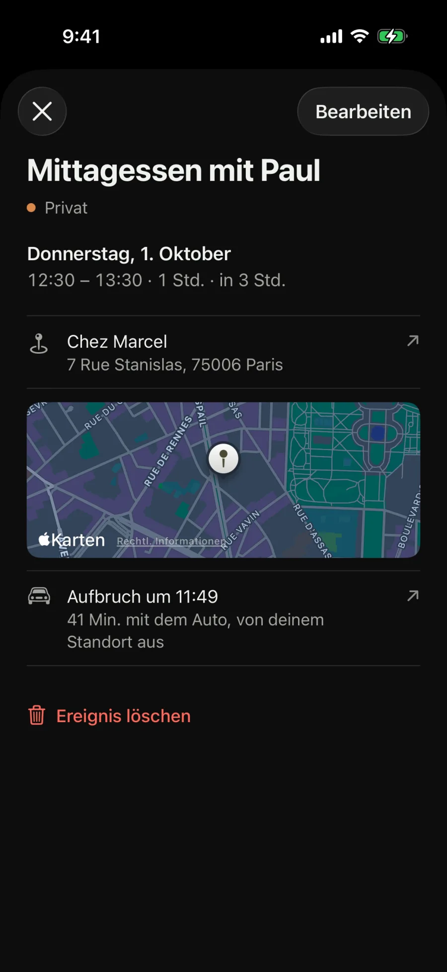 Mittagessen mit Paul im Chez Marcel. Aufbruch um 11:53, 37 Minuten mit dem Auto.