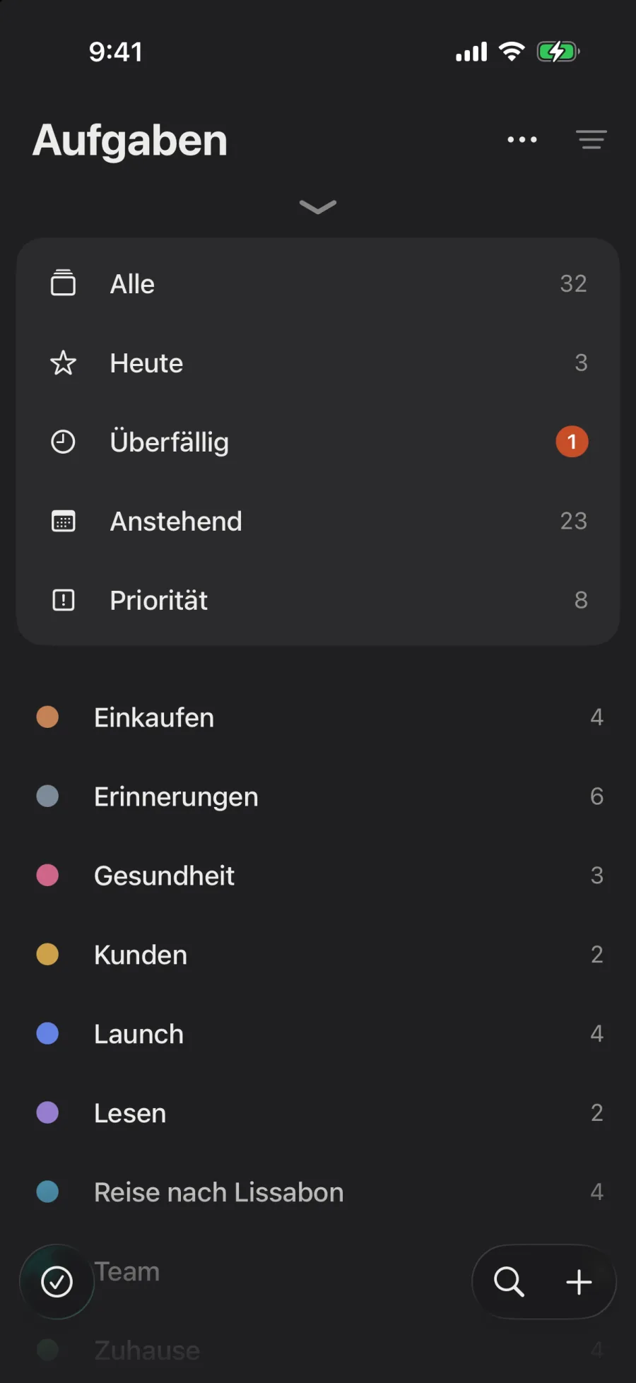 Aufgaben: unter den intelligenten Listen jede Liste in ihrer Farbe mit ihren offenen Aufgaben. Dann bekommt jede Liste ein Symbol, Gesundheit wird auf Einkaufen gelegt, und die Listen ordnen sich unter Privat und Arbeit.