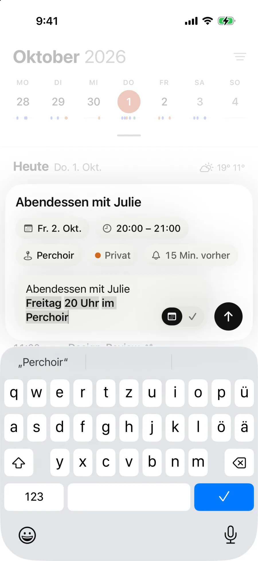 Eingabe „Abendessen mit Julie Freitag 20 Uhr im Perchoir“: Magical zeigt Freitag, 2. Oktober, 20:00 bis 21:00, Perchoir und den Kalender Privat.
