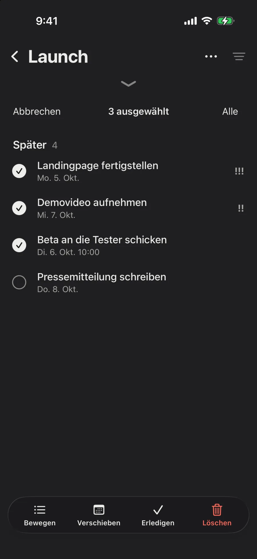 Launch, drei Aufgaben ausgewählt, mit Bewegen, Verschieben, Erledigen und Löschen unten.