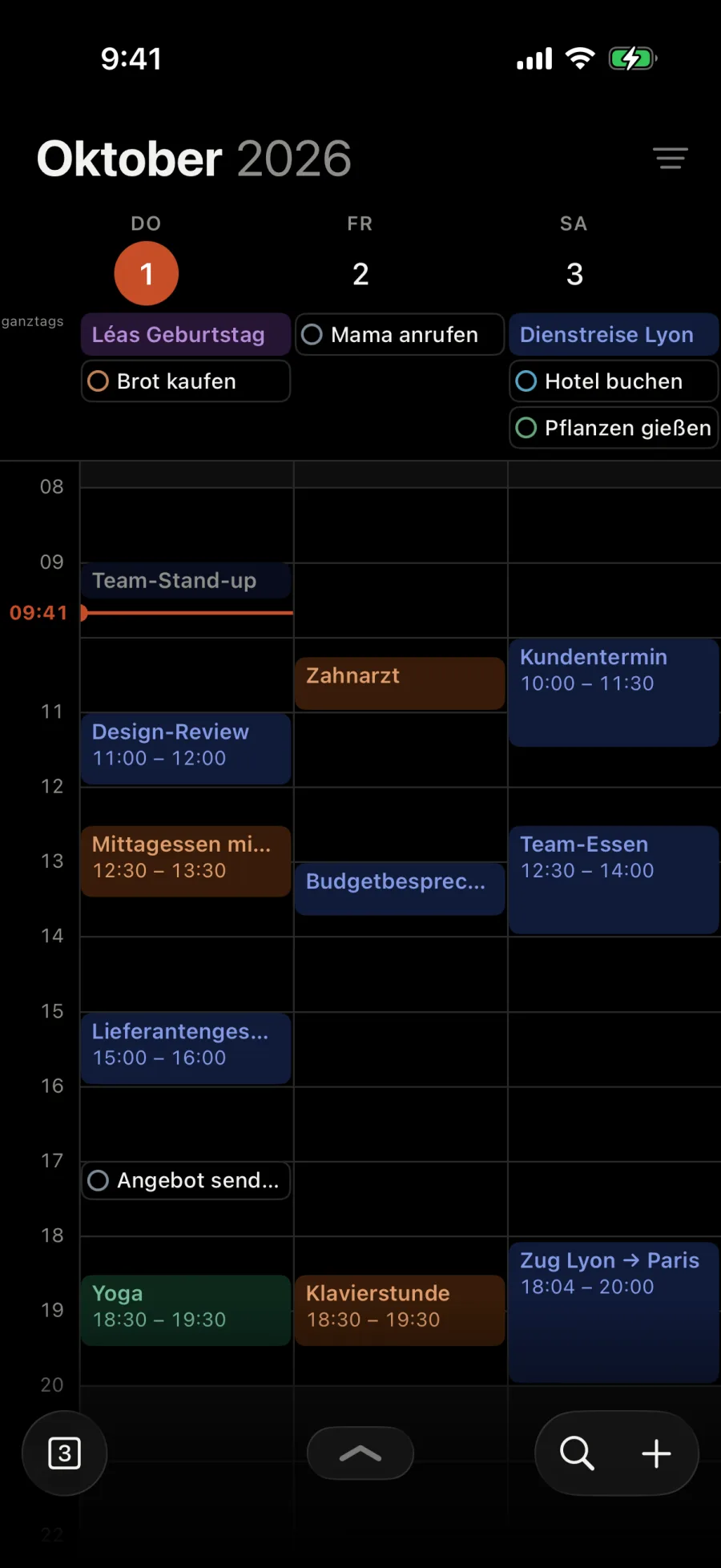 Donnerstag bis Samstag: Brot kaufen, Mama anrufen, Hotel buchen und Pflanzen gießen bei den ganztägigen Ereignissen, und Angebot senden um 17:00 zwischen den Ereignissen.