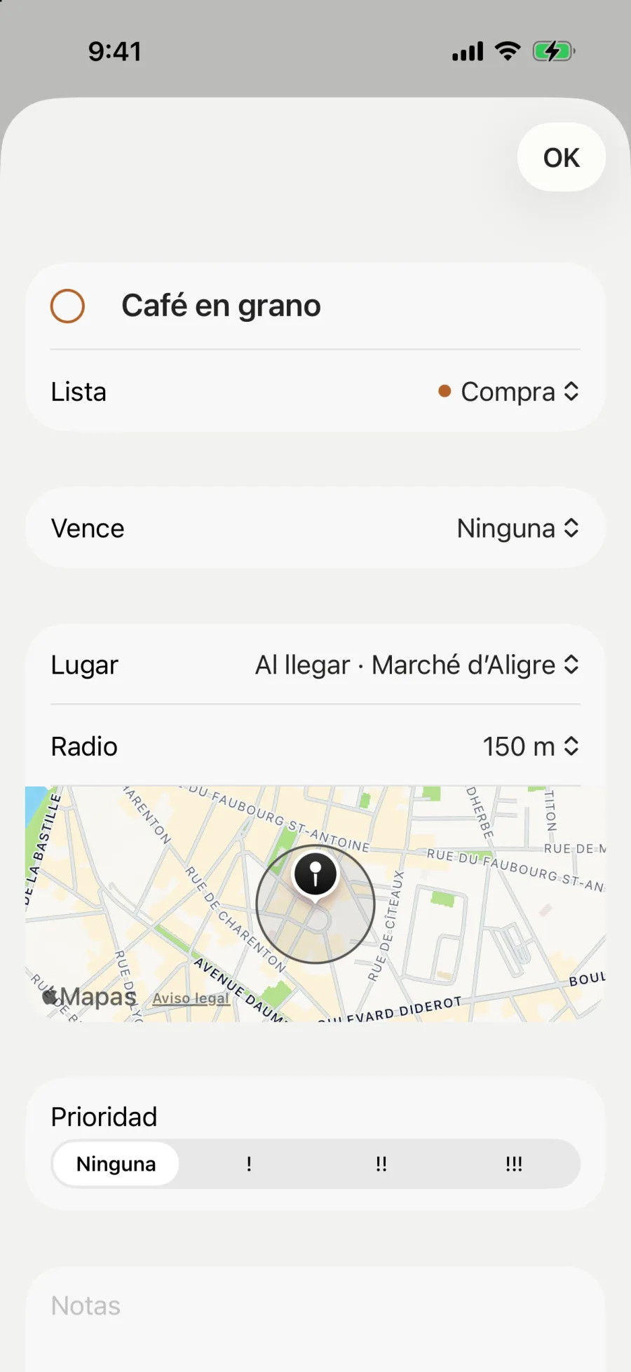 Café en grano, en Compra: un aviso al llegar al Marché d’Aligre, en un radio de 150 m, en un pequeño mapa.