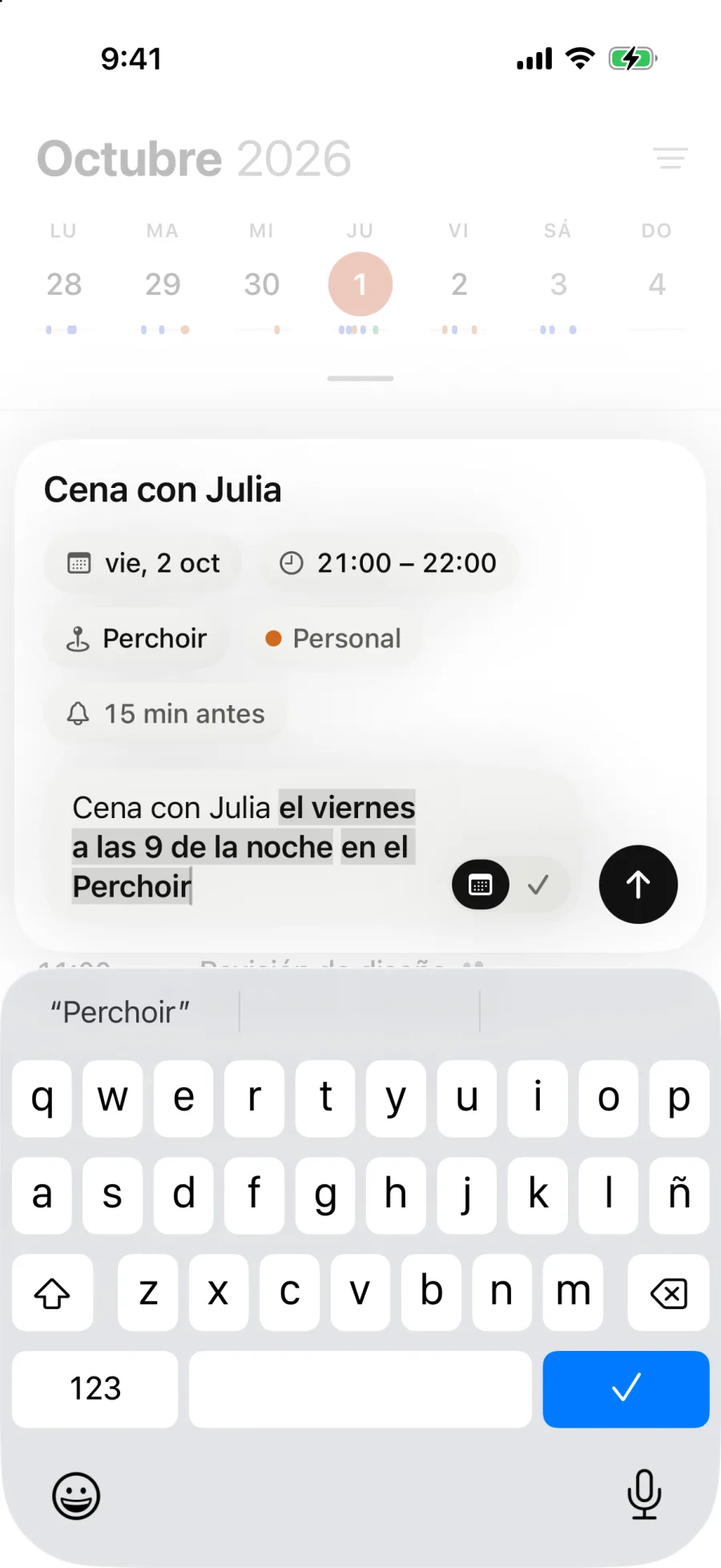 Escribiendo “Cena con Julia el viernes a las 9 de la noche en el Perchoir”: Magical muestra el viernes 2 de octubre, de 21:00 a 22:00, el Perchoir y el calendario Personal.