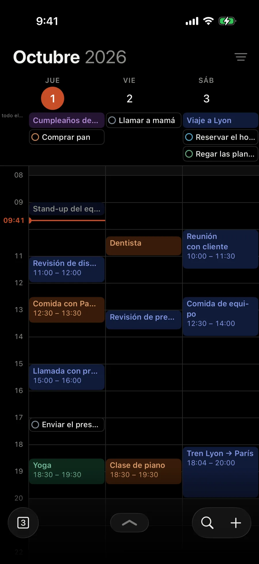 De jueves a sábado: Comprar pan, Llamar a mamá, Reservar el hotel y Regar las plantas con los eventos de todo el día, y Enviar el presupuesto a las 17:00 entre los eventos.