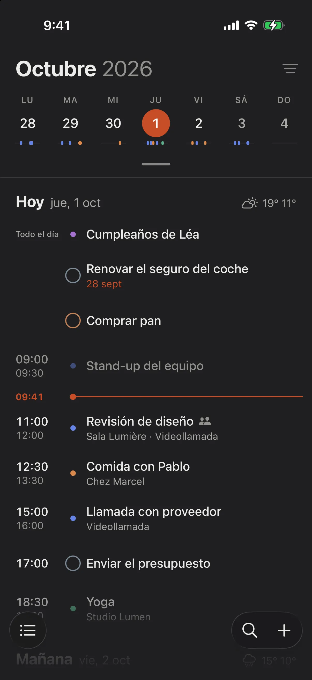 Primer plano de la parte superior de la pantalla: octubre de 2026 y luego la semana. Un sobre aparece junto al icono del filtro cuando una invitación espera respuesta.