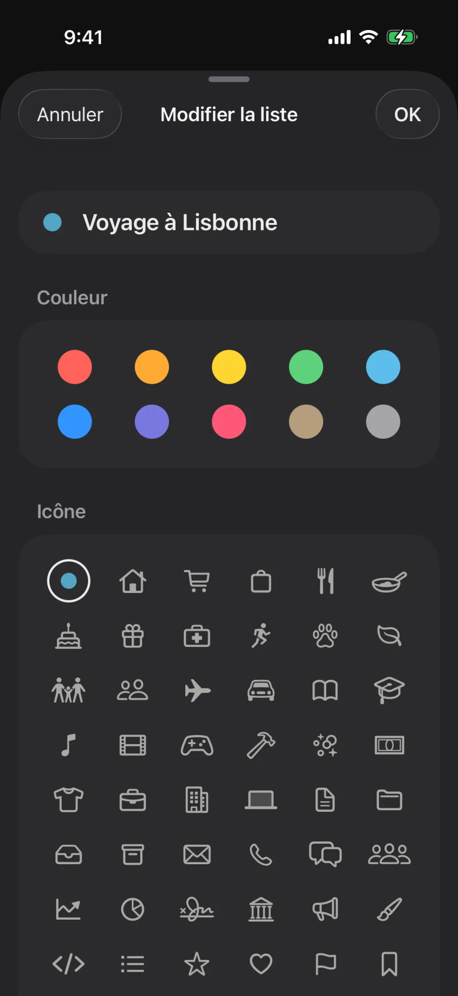 Modifier la liste Voyage à Lisbonne : son nom, sa couleur et les icônes, de la maison au travail, chacune dessinée dans la couleur de la liste une fois choisie. L’avion est choisi.
