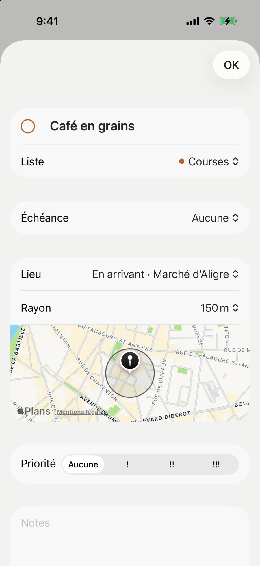 Café en grains, dans Courses : une alerte en arrivant au marché d’Aligre, dans un rayon de 150 m, sur une petite carte.