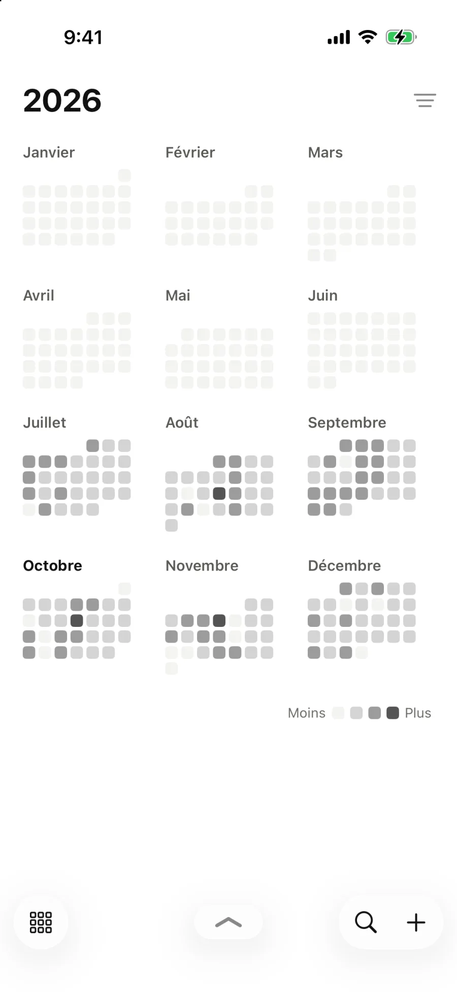 2026, chaque jour teinté selon ce qu’il contient.