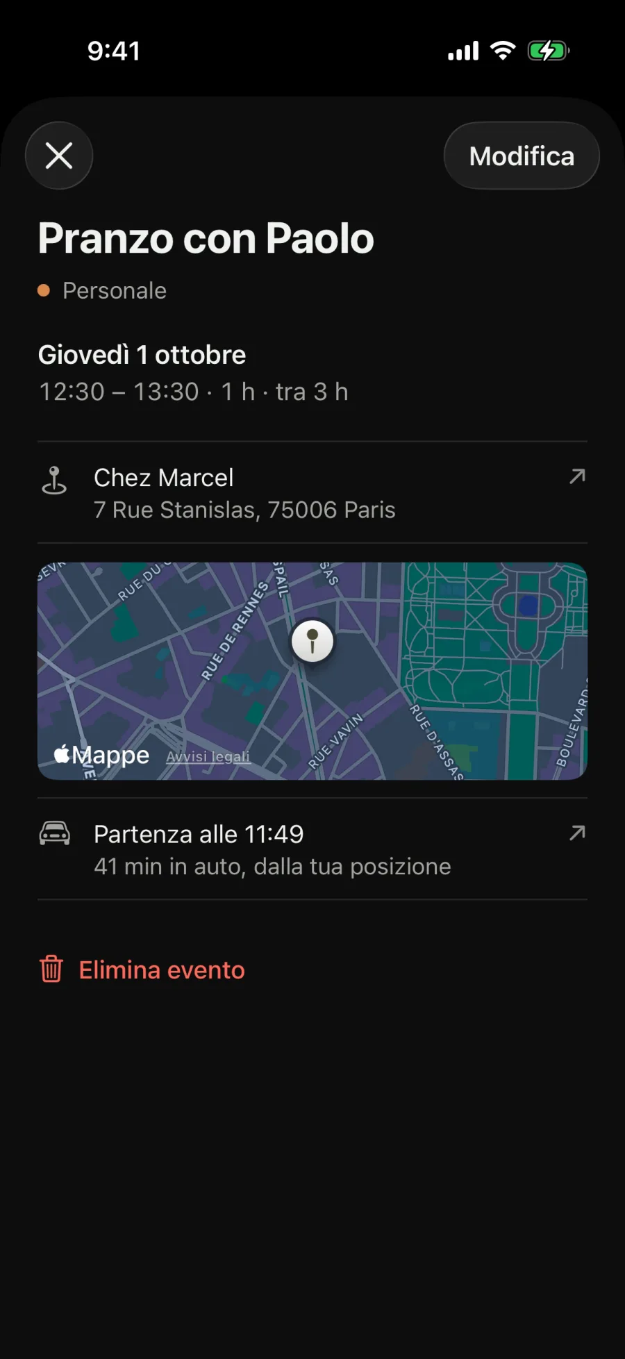 Pranzo con Paolo da Chez Marcel. Partenza alle 11:53, 37 minuti in auto.