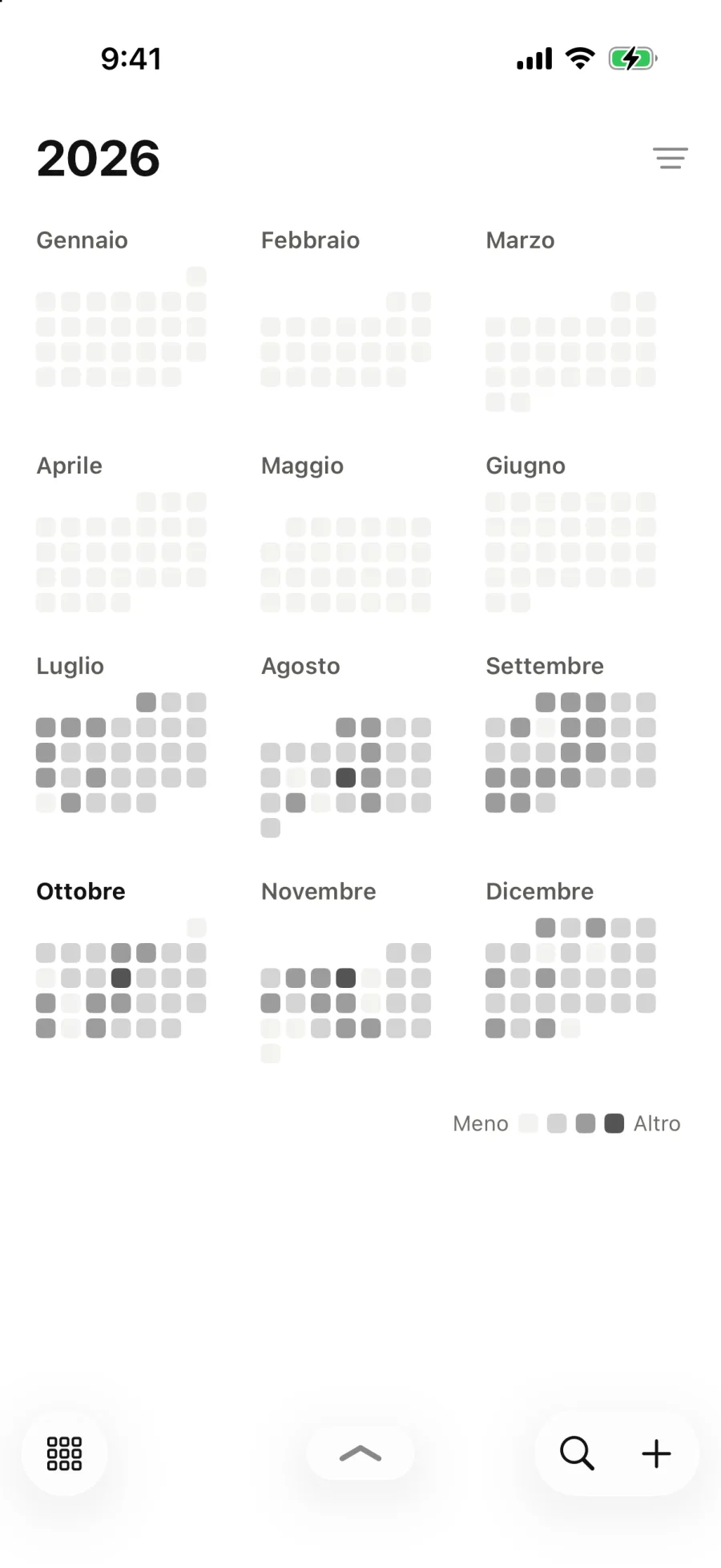 Il 2026, ogni giorno ombreggiato in base a quanto è pieno.
