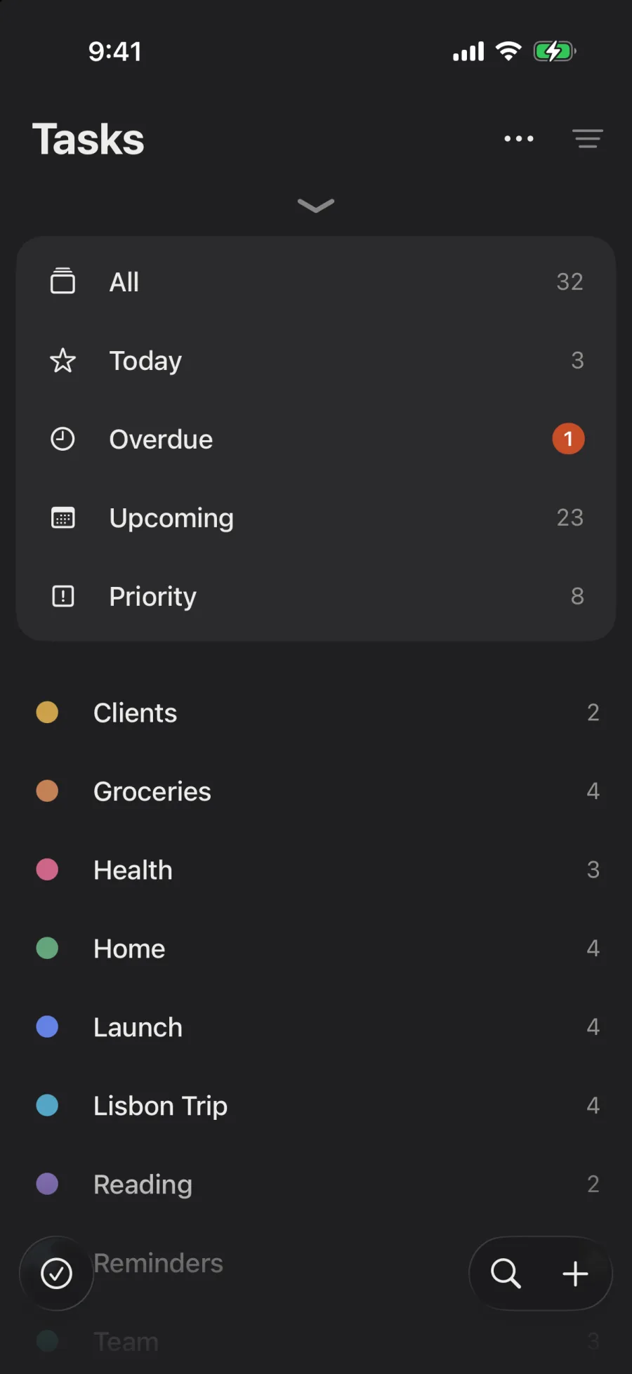 Tasks: under the smart lists, each list in its color with its open tasks. Each list then takes an icon, Home is dropped on Groceries, and the lists gather under Personal and Work.