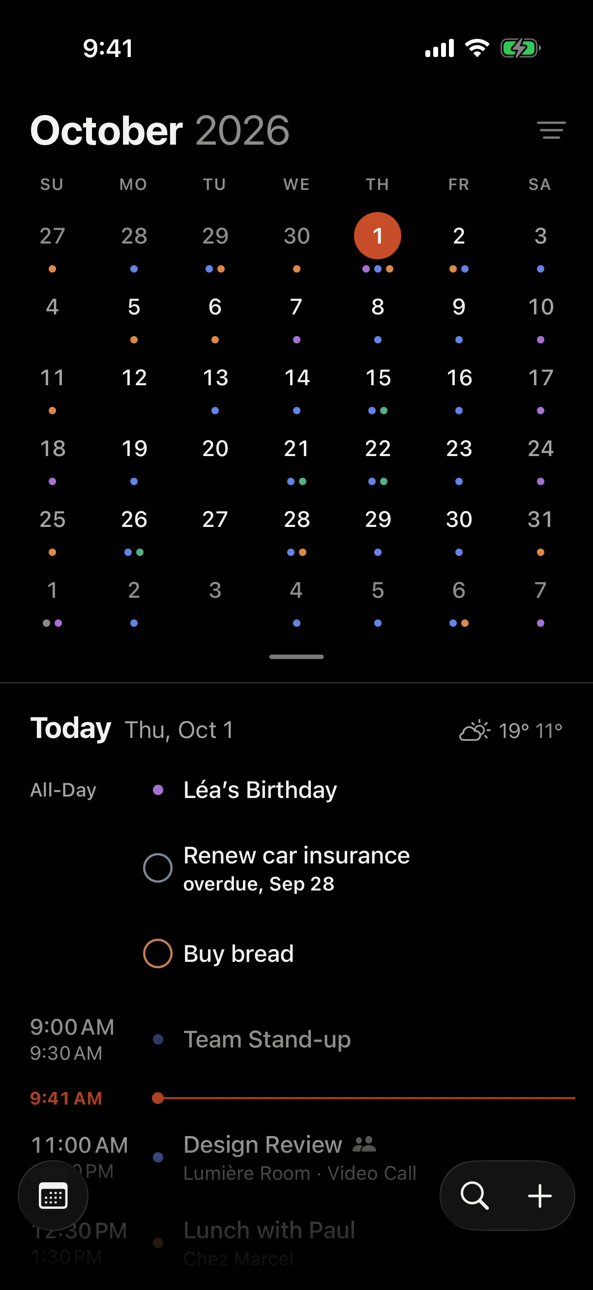 Close-up of the month with every calendar. The sets’ menu opens from the top right: All, Work, Home, Manage Sets. Work is chosen, and only the work calendars stay.
